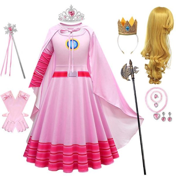 Peach Princess Cosplay Klänning Peruk Tjejspel Rollspel Kostym Födelsedagsfest Scen Uppträdande Outfits Barn Karneval Fina kläder dress-bag 100(2-3T)