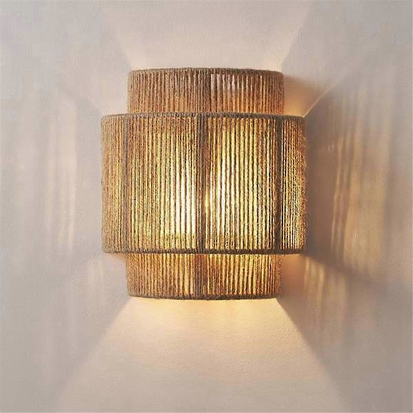 Japansk Retro Rattan Vävning Vägglampa LED Trefärgat Ljus Vägglampetter Rum Sovrum Sängbord Korridor