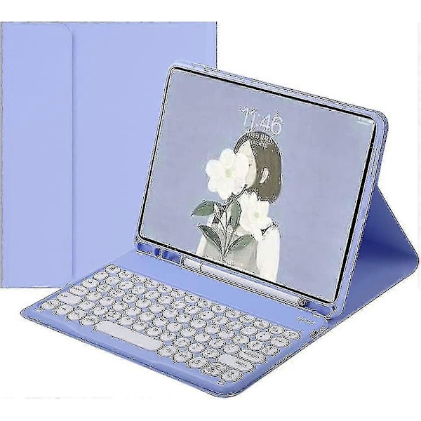 Tangentbordsskal för Ipad 10:e generationen 10,9\" Sött runt tangentbord med färgade tangenter Trådlöst avtagbart Bt-tangentbordsfodral för Ipad 10 10,9 tum Purple