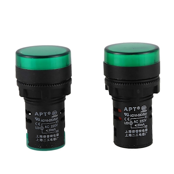 Sourcingmap 2 stk. AC220V Grøn LED Strømindikator Pilot Signallampe 22mm Dia