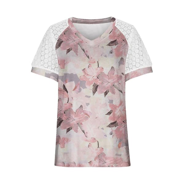 Mode Spetstoppar Sömmar Kortärmad V-ringad T-shirt Blus Blomstertryck L