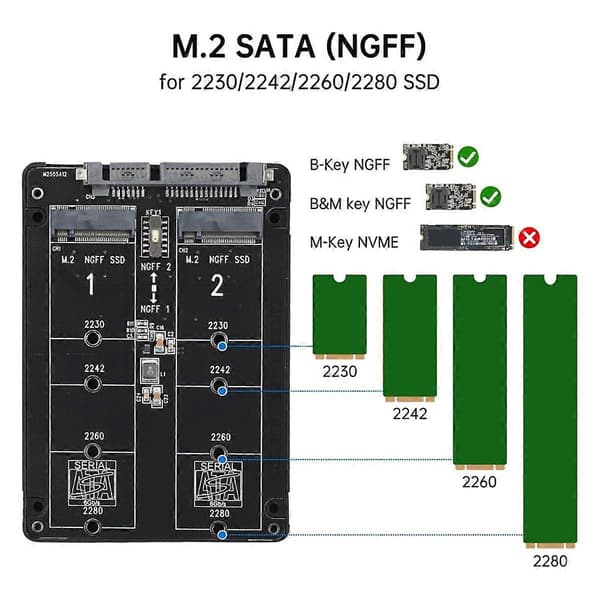 M.2 SATA (NGFF) - SATA 3.0 -sovitinkortti, Dual NGFF B Key / Key M.2 NGFF - 2,5 tuuman SATA III -muunninsovitin