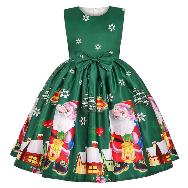 Jul Barn Flickor Ärmlös A-linje klänning Print Bowknot Swing Skater Klänningar Kvällsjulfest Balklänning Kostym Green 3-4 Years