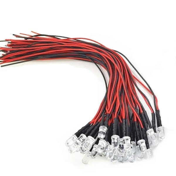100 stk. Parti 20 cm Ferdig Koblet 5 mm LED Lys Lampe Pære Ferdigkablet Lysdiode for DIY Hjemmedekorasjon DC3.7V-12V D