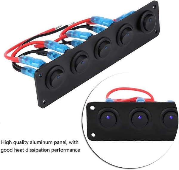 Vippebryter, 12V-24V 5-veis kontrollpanel med rødt LED-lysbryter