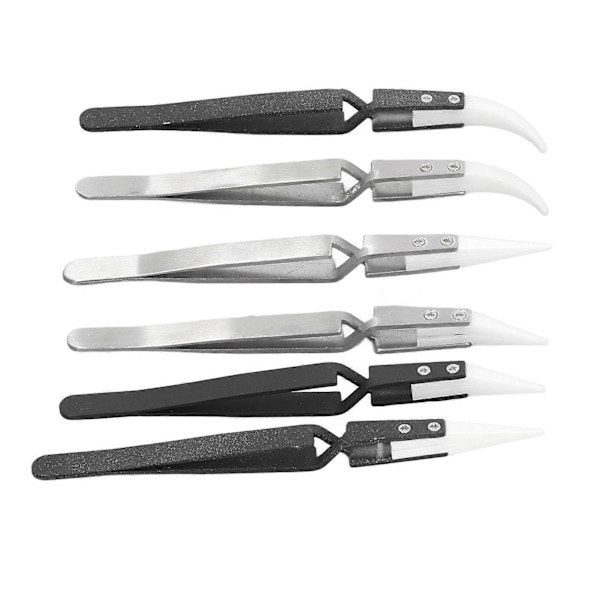 6 stk. Anti-magnetisk loddetang, spiss, buet, rustfritt stål, keramisk, varmebestandig tangsett for