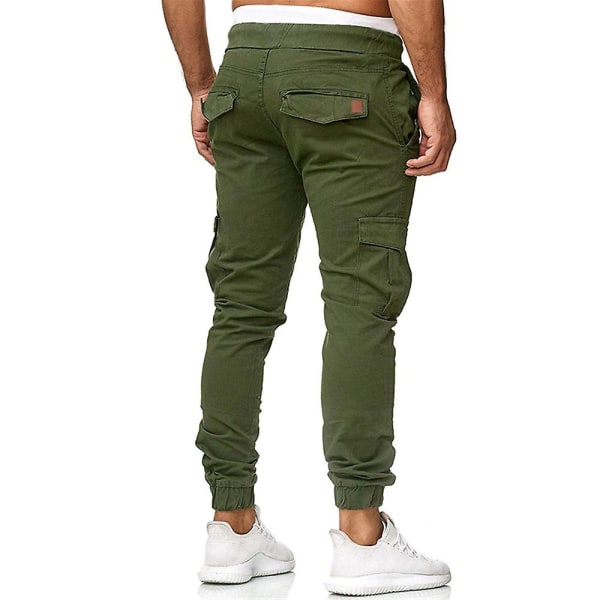 Män Drawstring Cargo Combat Byxor Casual Arbets Sport Slim Fit Multifickor Jogging Manschetter Byxor Army Green M