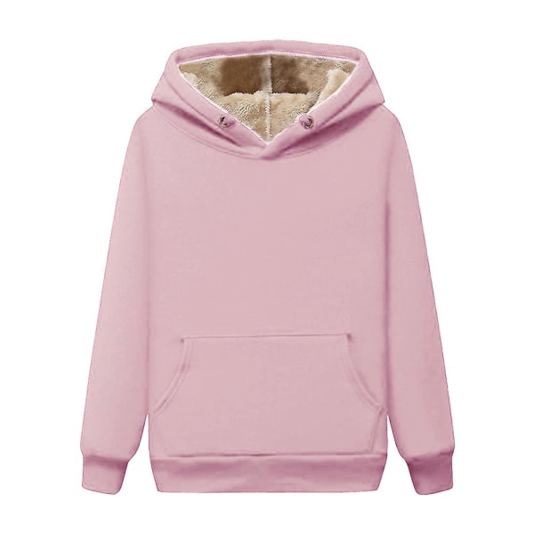 Dam Enfärgad vinter varm fleecefodrad huvtröja Casual Lösa hoodies Pullover Toppar med ficka Pink 2XL