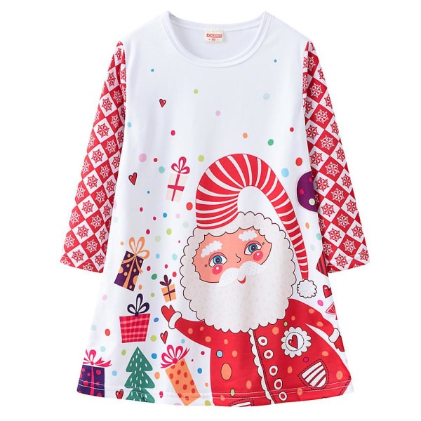 Jul Toddler Barn Flickor Casual långärmad tunikaklänning Printed lekkläder Fest Lösa Longline Toppar Klänningar White 2-3 Years