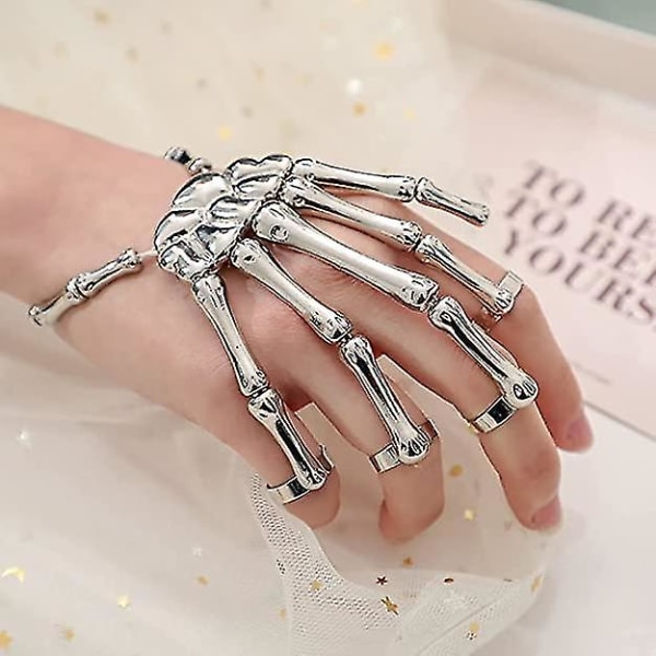 Snabb Leverans Skelett Hand Armband Legering Spöklo Armring Överdrivet Gotisk Fingerring Cosplay Kostym För Män Kvinnor Silver