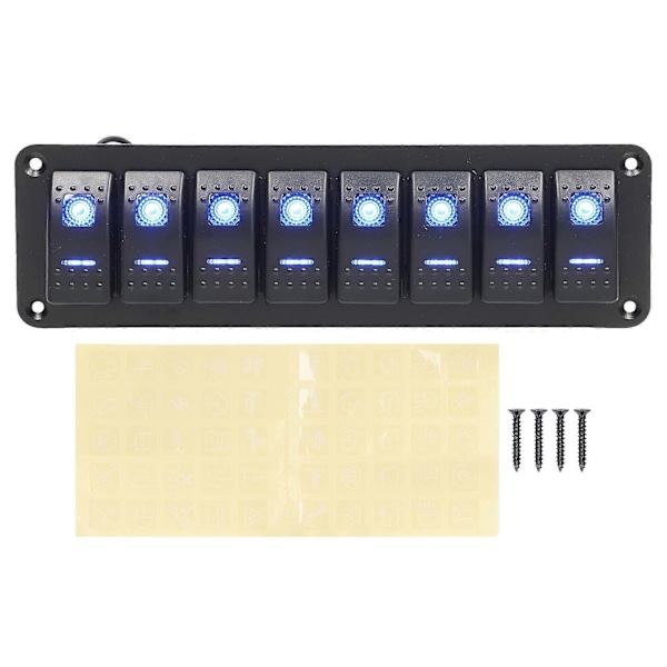 8 Gang Rocker Switch Panel LED Baggrundsbelyst Tænd Sluk Kontakt Vandtæt Overbelastningsbeskyttelse Forudkablet til Bil RV Bus Marine Båd Blå