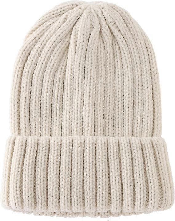 Dam Stickad Mössa med Uppvik, Stretchig Ribbad Akryl Vinter Skidmössa