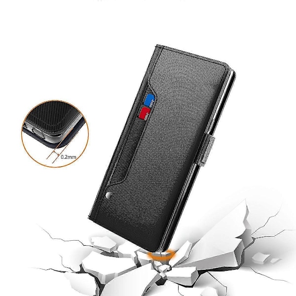Læder Etui til Huawei nova 12i 4G/Enjoy 70 Pro med Spejl og Kort Slot, Stødsikkert Black