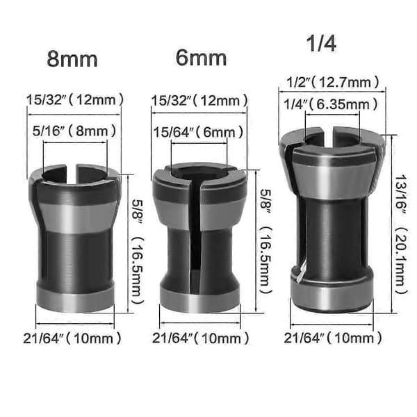 3 STK Spennhylseadaptersett 6mm/6.35mm/8mm Spennhylsehode for bor og fresemaskiner – Chucktilbehør