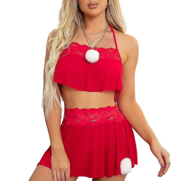 Christmas Lady Sexig Halter Crop Top Kjolar Sets Sovkläder Erotiska underkläder S