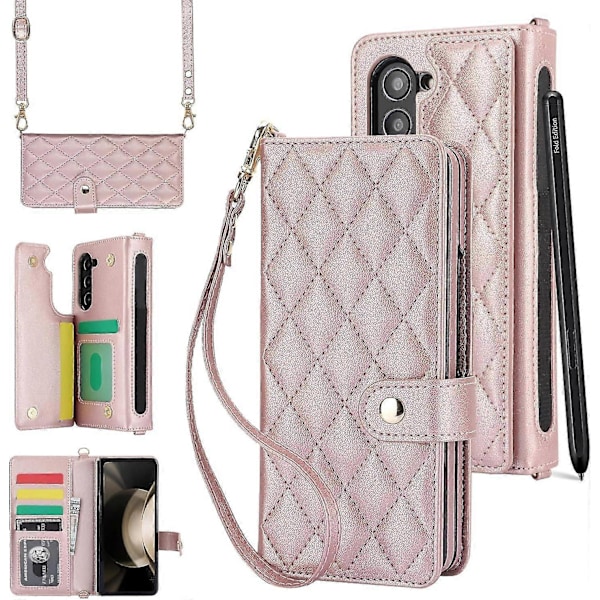 För Samsung Galaxy Z Fold 6 Plånboksfodral med S Pen-hållare, Crossbody-snodd & Handledsrem, Stöttåligt Stilrent Skyddsfodral Rose Gold