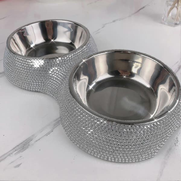 Rhinestone Hundeskåler Rustfritt Stål Dobbel Matmater Kjæledyr For Valper Silver