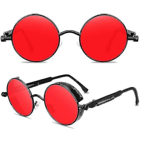 Vintage Polariserade Steampunk Solglasögon Herr Rund Black Frame Red Lenses