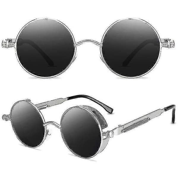 Vintage Polariserede Steampunk Solbriller Herre Runde Silver Frame Grey Lenses