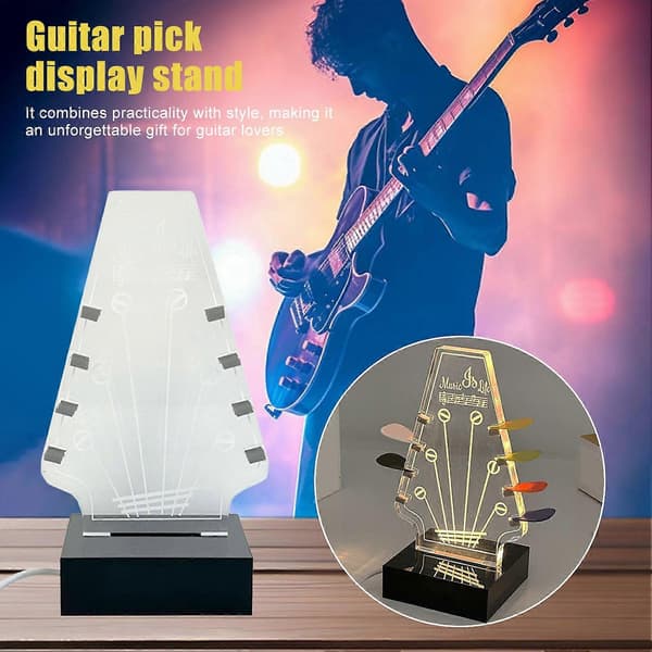 Gitarrplektrumställ med ljus, gitarrhuvudform plektrumhållare, upplyst plektrumorganisatorställ för plektrumförvaring, display, present till gitarrälskare