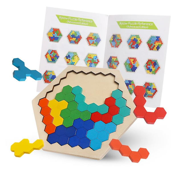 Trähexagonpussel - Hexagonform Block Tangram Hjärngympa Leksaker Iq Spel Stem Pedagogiska Gåvor För Barn Vuxna