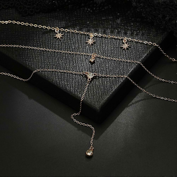 Multi Layer Dame Måne Rhinestone Vedhæng Clavicle Kæde Choker Halskæde Smykker TSUNDEAU