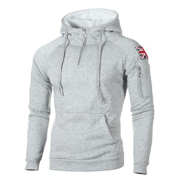 Herr Zip Neck Fleecefodrad Hoodie Tröjor Pullover Vinter Varm Långärmad Hooded Activewear Toppar Light Grey L