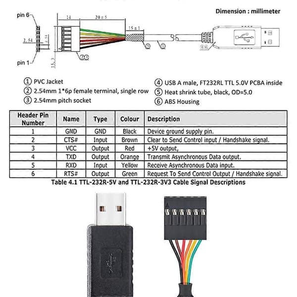 6-nastainen TTL-232R-3V3 FT232 USB 2.0 - TTL 5V 3.3V Lataus Debug-kaapelisovitinmoduuli