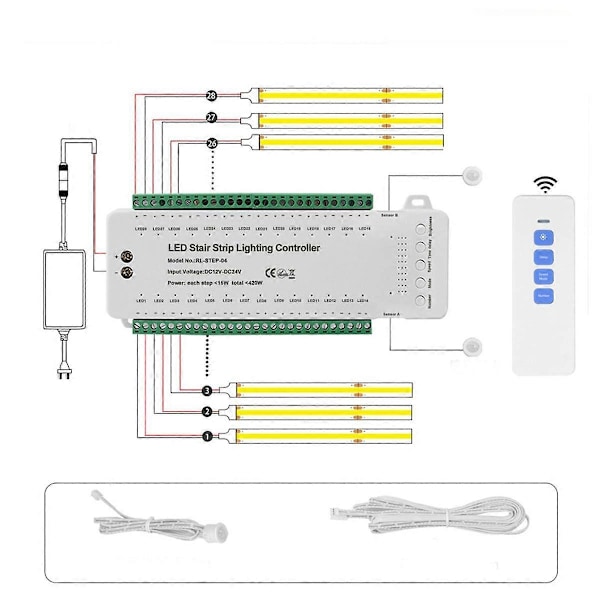 28 Trin Trappe Belysningscontroller med PIR Bevægelsessensor 28 Kanaler Trappe Strip Lysdæmper DC12V 24V til Hjemmetrappe