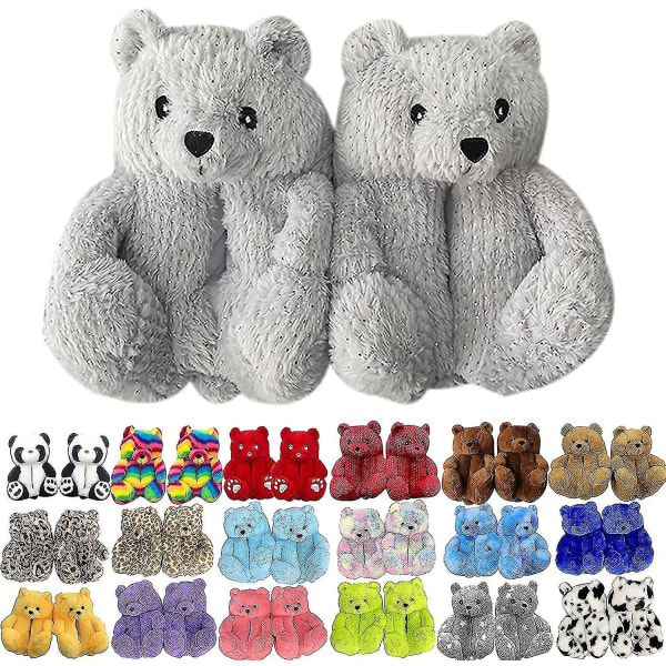 Teddybjörn Tofflor Dam Plysch Djurtofflor Varma Vinterskor Fuskpäls Halkfria M Diamond Ironing Grey