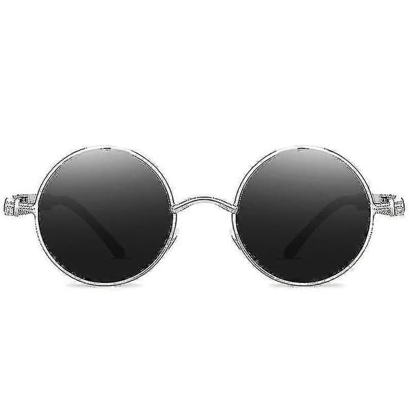 Vintage Polariserade Steampunk Solglasögon Herr Rund Silver Frame Grey Lenses