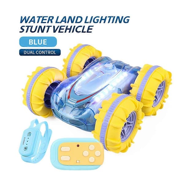 2.4G RC Stuntbil Transparent Ljus Amfibiefordon Dubbelsidig Stunt RC Bil Gestrullande Blå