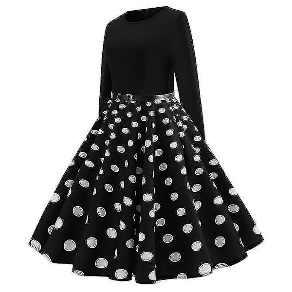 Naisten Retro 50-luvun ja 60-luvun pitkähihainen cocktail-juhlamekko pyöreällä kauluksella ja polka dot -kuviolla, Rockabilly-tyyli L