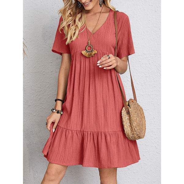 Dam Vintage Mini Klänning Sommar Mode Enfärgad V-ringad Lös Knytklänning EA04632-Red M