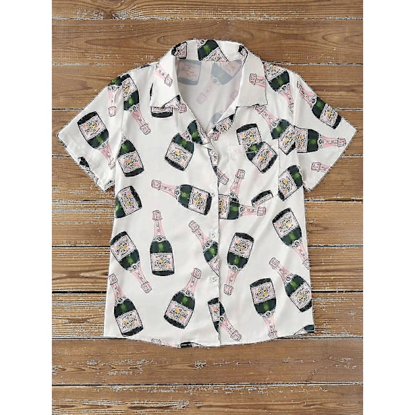Champagneflaskor Pyjamas Set Dam Tryckt Kortärmad 2 Delar Mjuk Lös Casual Sovkläder Bekväma Hemkläder