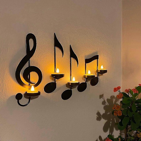 3 stk. Veggdekor Lysestake Metall Svart Musikknote Vegglampe Stue Soverom Musikknote Telysholder Gave til Musikkelskere