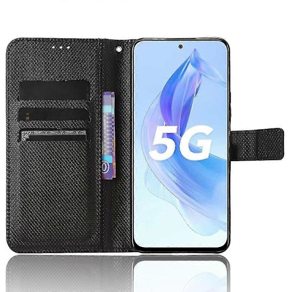 Plånboksfodral för Honor 90 Lite 5G / X50i 5G PU Läder Diamantstruktur Ställ Stötsäkert Black