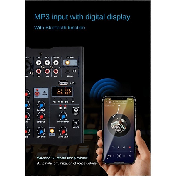 5-kanals lydmixer med UHF trådløs mikrofon Studio lydmixer Bluetooth REC DJ-konsol Mixing til Karaoke
