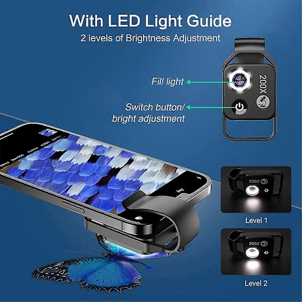 200X Forstørrelsesmikroskoplinse Mobil LED-lys Mikro-type Lomme Makrolinse til Ios Android Alle Smartphones, Sort