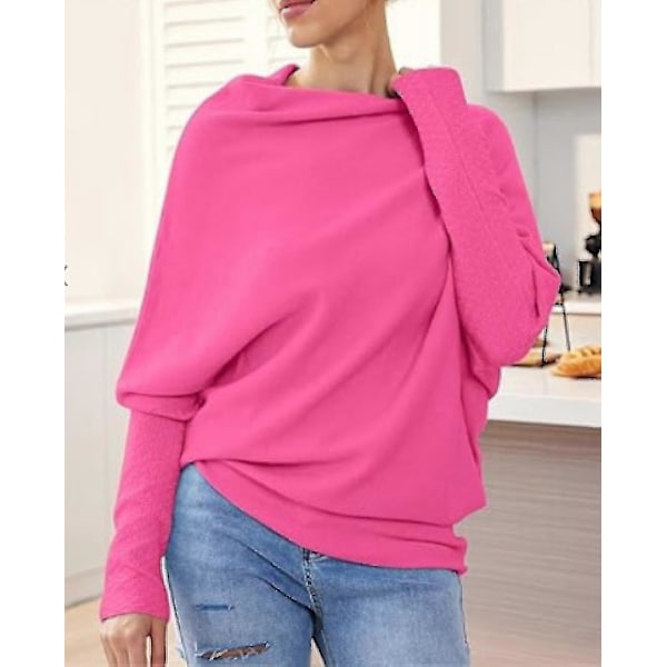 Asymmetrisk draperad tröja, en tröja lika mjuk som molnen, dam långärmad slapp batwing enfärgad mjuk stickad tröja pink