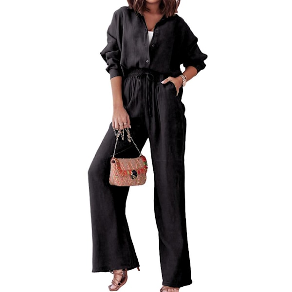 Lös Dam Enfärgad Outfit Skjorta Toppar + Elastisk Hög Midja Vida Ben Byxor Set Lös Vardaglig Arbete Lounge Kläder Black L