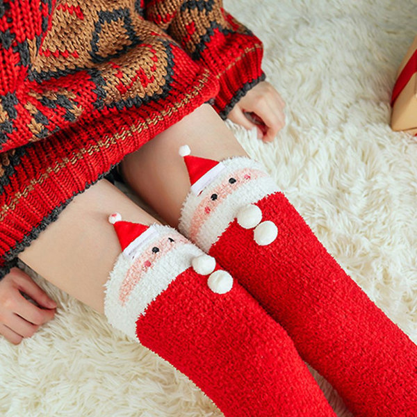 Julfleece Lår Höga Luddiga strumpor Vinter Tecknad Santa Älg Snowman Xmas Over The Knä Strumpor för kvinnor Santa Claus