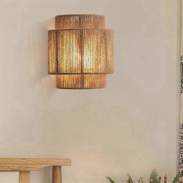 Japansk Retro Rattan Vävning Vägglampa LED Trefärgat Ljus Vägglampetter Rum Sovrum Sängbord Korridor