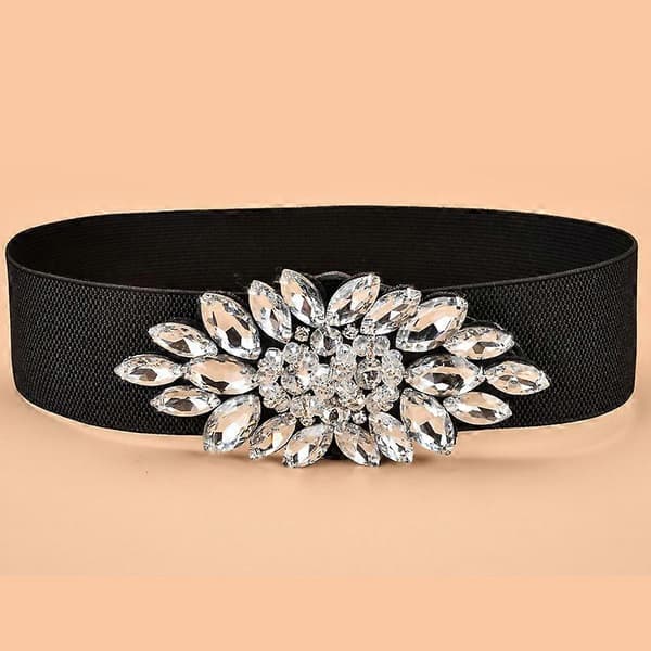 Mote Blomster Rhinestone Spenne Elastisk Midjebelte for Damekjole 72 cm Svart sølv