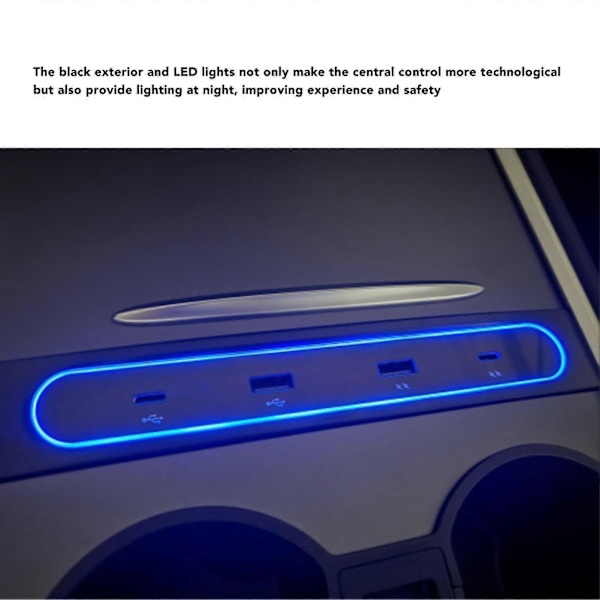 Centerkonsol USB Hub Dockningsstation 4 i 1 USB LED Hub Multiport Laddare Driven Splitter Ersättning för Tesla 3 Y 2021 och senare