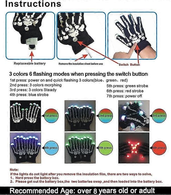 Skeletthandskar, LED-handskar, Lysande handskar, Fingerljus magisk leksak