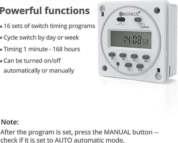 12V 16A Digital Programmerbar Klokketimer Strømuttak med 16 Programmer
