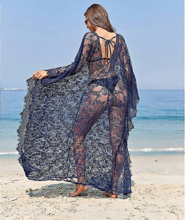 Strandklänning Boho Spets Kimono Plus Size Bikini Morgonrock Baddräkt för Kvinnor Enfärgad Navy Blue