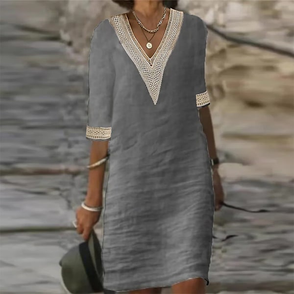 Dam Vintage Mini Klänning Sommar Mode Enfärgad V-ringad Lös Knytklänning EA06132-Grey M