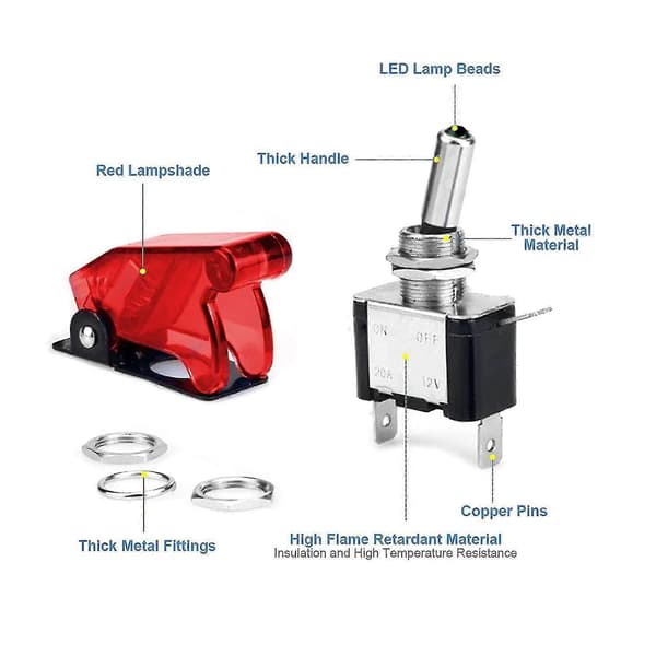 4 stk. vippebryter 12V 20A Rocker Switch Rød LED-lys bryter, 2-pinners rocker